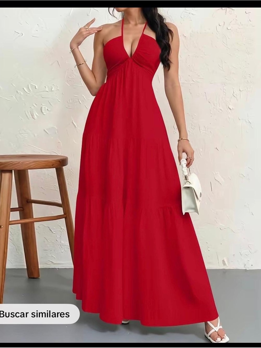 SHEIN Red Halter Tiered Maxi Dress
